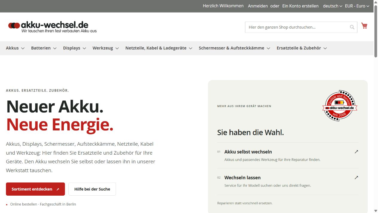 Screenshot der Startseite von akku-wechsel.de
