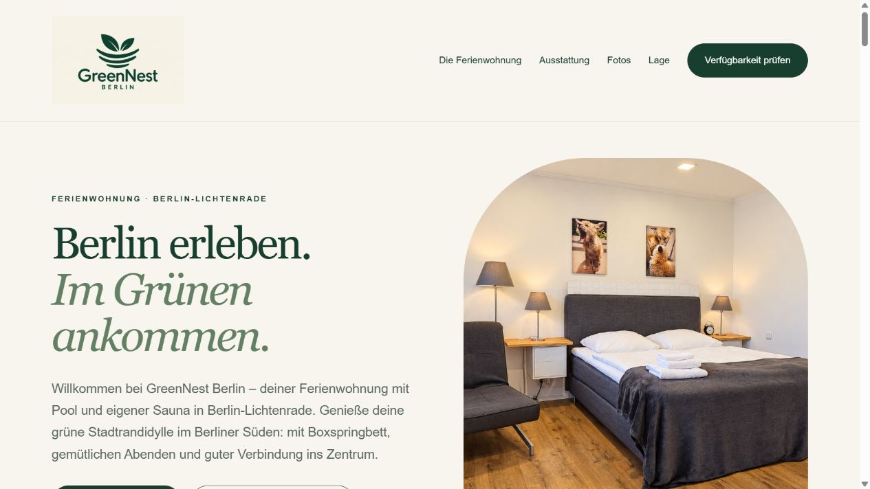 Screenshot der Startseite von GreenNest Berlin